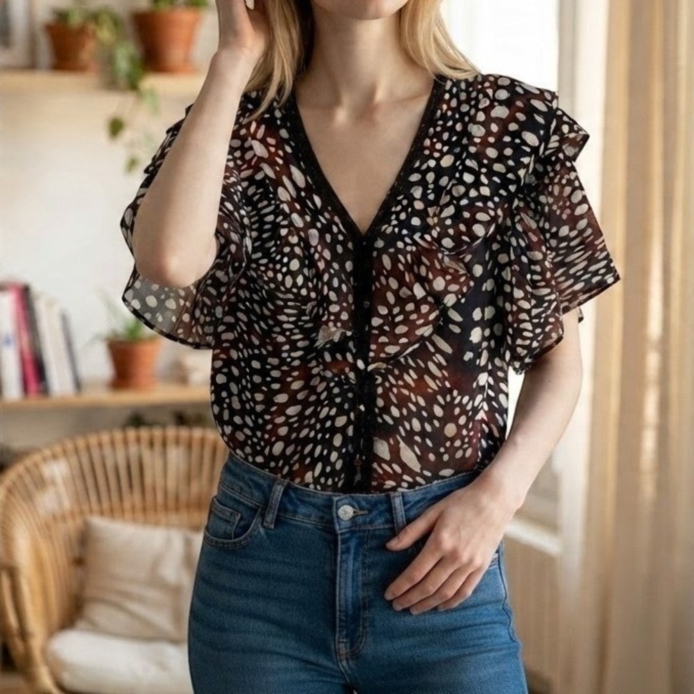 Avec Les Filles Brown Abstract Dot Ruffle Tiered Blouse XS NEW